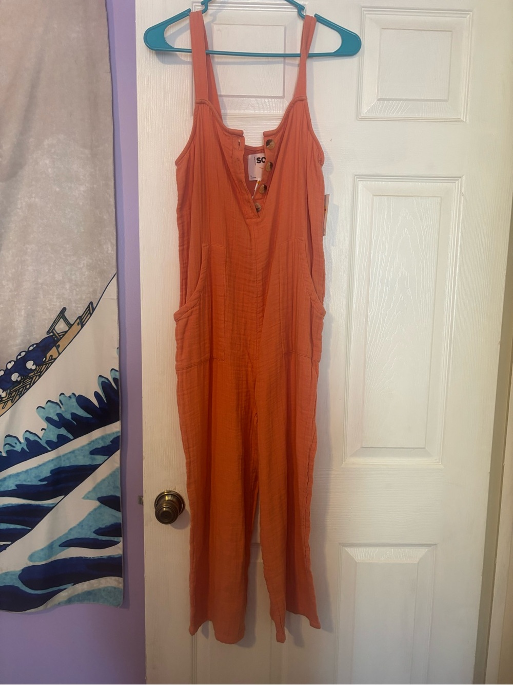 SO Rust Orange Button-Front Wide-Leg Jumpsuit with Pockets